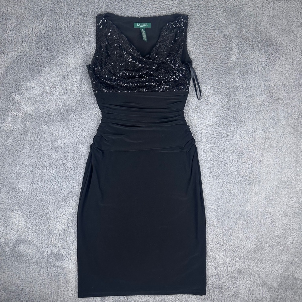 Lauren Ralph Lauren Dress Womens 2 Black Sequin Cowl Neck Ruched Sheath Cocktail